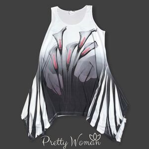 Pretty Woman Lilies Asymmetric Hem Scoop Neck Sleeveless Tunic Rhinestone Accent